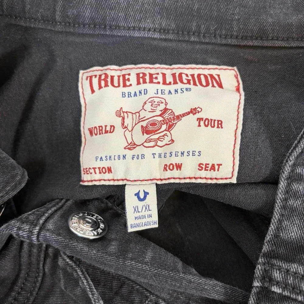 True Religion Jacket Mens XL Black‎ Denim Trucker Western Y2K Stitch Streetwear